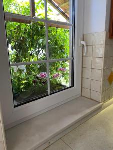 a window in a bathroom with pink flowers outside at Private pool 2 rooms in Biograd na Moru