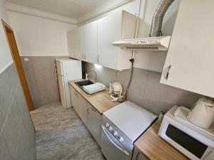 豪伊杜索博斯洛Fischer Apartman 2的一个小厨房，里面有水槽和冰箱