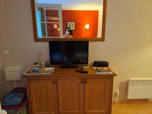a television on top of a wooden cabinet in a room at Appartement cosy à Monflanquin, 31 m² avec piscine in Monflanquin