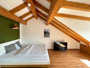 a bedroom with a bed and a flat screen tv at Cozy loft with a view, central, close to tradefair in Düsseldorf