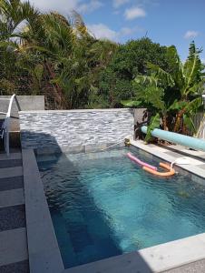 una piscina con un fiume lento in un cortile di La Quiétude Entre Mer et Forêt chez l'habitant 4 étoiles a Étang-Salé