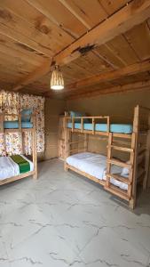 two bunk beds in a room with a wooden ceiling at Mountain Mamma in Shangarh