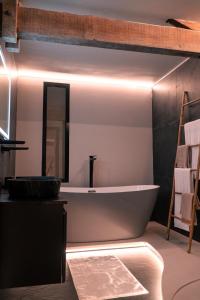 a bathroom with a bath tub and a mirror at Au Chai Bigaroux Saint-Emilion in Saint-Sulpice-de-Faleyrens +51 photos