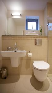 a bathroom with a sink and a toilet and a mirror at Citystay - Pringle House in Cambridge