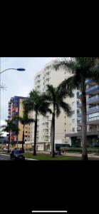 a blue frisbee flying over palm trees in front of a building at Bastos e Silva in Caldas Novas