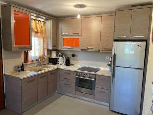 a kitchen with wooden cabinets and a white refrigerator at Casa Mareal in Paliouri