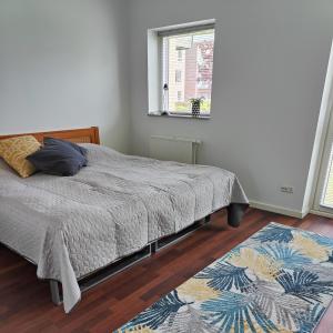 a bedroom with a bed and a window and a rug at Waterfront - Apartment - free parking in Nørresundby