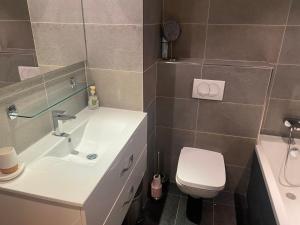 Un baño con lavabo e inodoro en "Le CLOS DE L'YRET" Appartement avec grande terrasse en face des pistes, en Le Monêtier-les-Bains