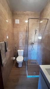 a bathroom with a toilet and a glass shower at Casa Fortes in Praia +14 photos