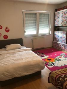 a bedroom with a bed and a pink carpet at Ema's apartments in Bihać