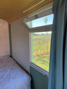 a bedroom with a window with a view of a field at De Keet op een boerencamping in Klundert