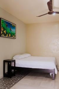 two beds in a room with a painting on the wall at Hospedaje Dzipil in Valladolid +11 photos