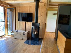 a living room with a fireplace and a tv at Chalet Obstblüte in Glonn
