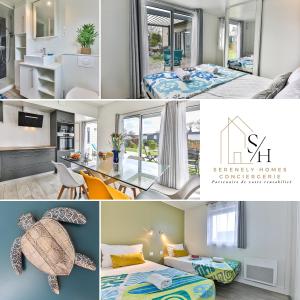 a collage of photos of a bedroom and a hotel room at Havre lumineux pour se ressourcer et déconnecter - Bord de mer in Sainte-Foy