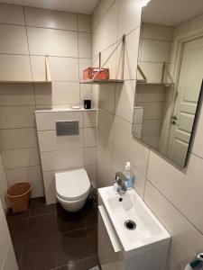 a bathroom with a white toilet and a sink at Staymate 15 minutes from Barcode in Oslo