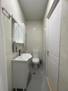 a white bathroom with a sink and a toilet at Guest House Top Floor in Telavi +71 photos