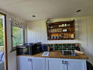 a kitchen with a sink and a microwave at Harrys Hideaway in Colyton +23 photos