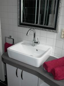 ein weißes Waschbecken im Bad mit Spiegel in der Unterkunft Studio am Neuen Schloss Meersburg in Meersburg