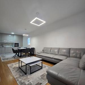 ポドゴリツァにあるViolet- City Kvart Luxury 2 Bedroomのソファとテーブルのあるリビングルーム