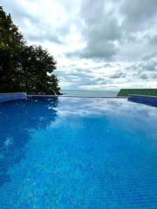 a large blue swimming pool with the ocean in the background at Marco Polo Sarpi Vila 3 in Batumi