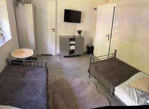 a living room with two beds and a tv at Pokoje noclegowe in Żyrardów