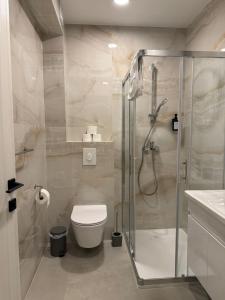 a bathroom with a toilet and a glass shower at Boutique Apartment - Široki Brijeg in Široki Brijeg +19 photos