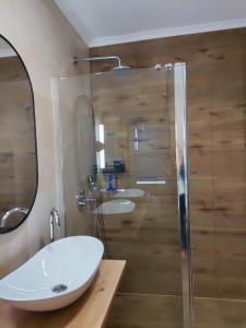 Un baño con dos lavabos y una ducha de cristal. en Apartment Bulić, en Bičići