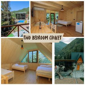 a collage of pictures of a room with a bed and a bedroom checklist at Vaio Resort in Keda in K'eda +37 photos