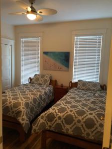 a bedroom with two beds and two windows at The Chorus Frog - 8 Hollow in Cherry Valley