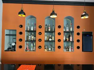 a wall with a display of alcohol bottles at LOL-HA Hotel Boutique in Cancún