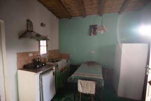 a kitchen with a sink and a refrigerator and a table at Cabañas y dormis Zgris in Tinogasta
