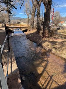 a stream of water next to a tree and a fence at Timber Lodge #11 in Colorado Springs