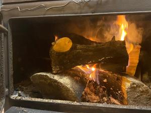 a fire in an oven with logs and rocks at The Crestone Hideaway in Crestone