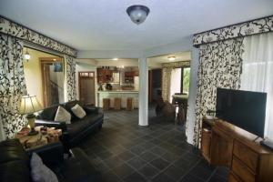 a living room with a couch and a tv at Firefly Hilltop Retreat, Swimming Pool Volcano! in El Castillo de La Fortuna
