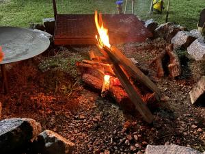 a fire pit with logs and a grill at Las andinas in Carmelo