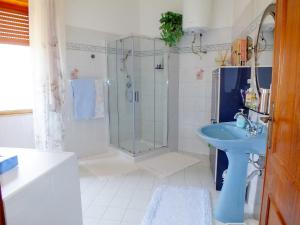 a bathroom with a blue sink and a shower at Casa Anni '70 in Burgos