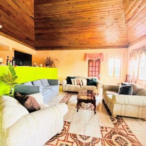 un soggiorno con divani bianchi e soffitto in legno di Nine Mile Resort Village and Travel a Stepney