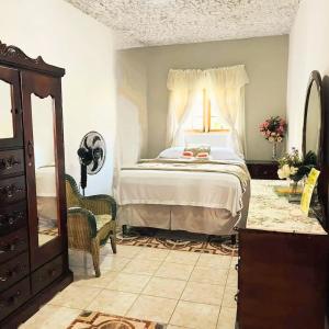 una camera da letto con un letto, un comò e una finestra di Nine Mile Resort Village and Travel a Stepney