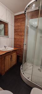 a bathroom with a shower and a sink at Cabañas Teave in Hanga Roa