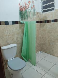a bathroom with a toilet and a green shower curtain at Pousada Sâo Luiz in Poços de Caldas