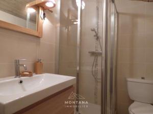 une salle de bain avec douche, lavabo et toilettes dans l'établissement Charmant 4 pièces + mezzanine pour 8 personnes au Grand-Bornand - FR-1-458-220, au Grand-Bornand 7 autres photos