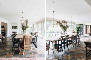 una sala da pranzo e una cucina con tavolo e sedie di Coromandel Lodge, Berrima a Berrima