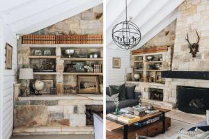 due immagini di un soggiorno con un muro di pietra di Coromandel Lodge, Berrima a Berrima Altre 22 foto