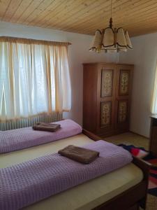 a bedroom with two beds and a chandelier at Haus Waldhuber in Schwoich