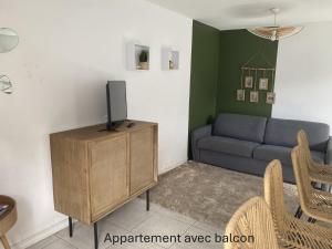 a living room with a couch and a tv at Les roches noires résidence in Saint-Gilles les Bains