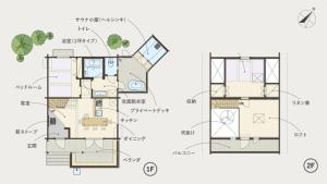 a floor plan and elevation of a house at LEVATA Nasu バレルサウナ付きログハウス BBQ可 1棟貸切 6名様まで同料金 in Nasu