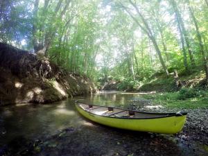 a yellow boat sitting in the middle of a river at Ferienhof NaturZeit in Horsmar