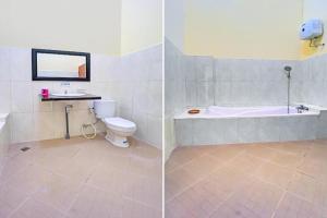 two pictures of a bathroom with a toilet and a bath tub at Collection O 90693 ORCHID EDOTEL Boyolangu in Tulungagung +20 photos