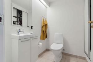 a white bathroom with a toilet and a sink at Lovely Holiday Home With Harbor View in Bagenkop +14 photos