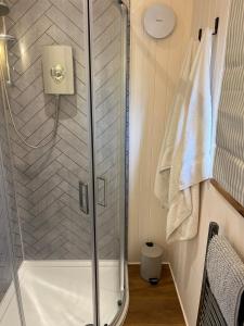a shower with a glass door in a bathroom at Kilden Hut - Perranwell Station in Perranwell